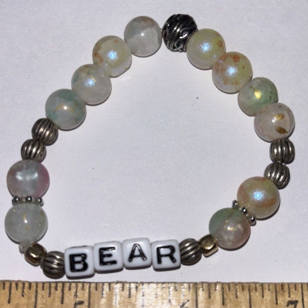 Handmade Bear Beaded Bracelet Cream White Neutral Stackable Stretch Jewelry